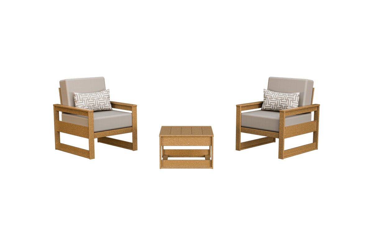 Teak colored poly patio chair set with taupe gray cushions, accent pillows and a low side table