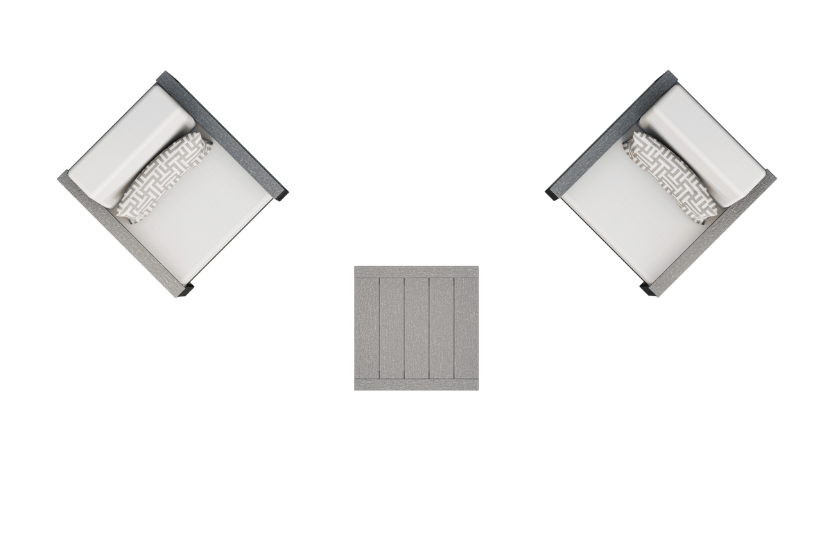 Overhead layout of two cushioned patio club chairs angled toward a square poly side table on white