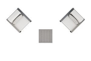 Overhead layout of two cushioned patio club chairs angled toward a square poly side table on white