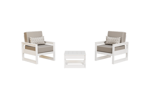 White framed poly patio chairs with mushroom gray cushions and pillows beside a matching side table