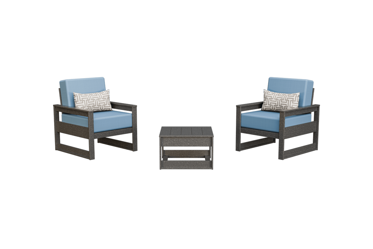 Gray poly patio chair set with sky blue cushions, woven pillows and a slatted square side table