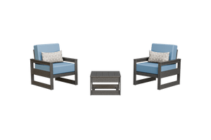 Gray poly patio chair set with sky blue cushions, woven pillows and a slatted square side table