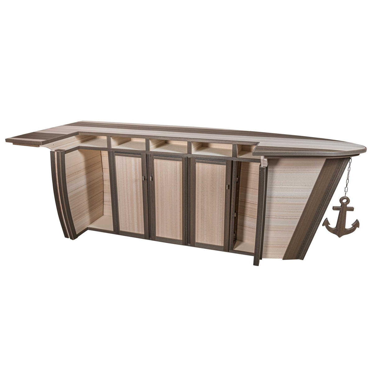 Rear view of the boat shaped bar island showing open cabinet doors, shelving and anchor accent