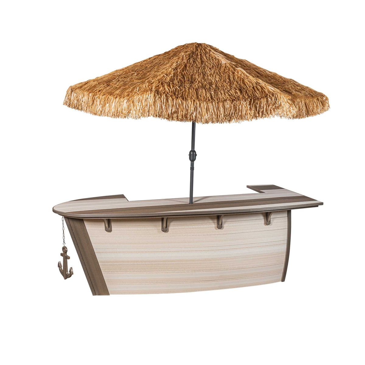 Boat shaped poly bar fitted with a thatched palapa style umbrella and hanging wood anchor