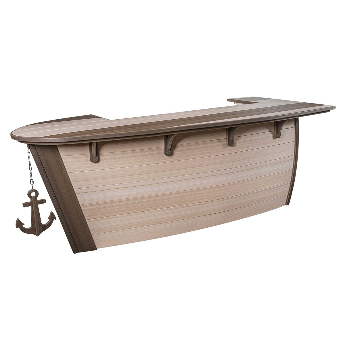 Boat shaped poly bar island in driftwood gray with hanging anchor, corbel brackets and raised bar top