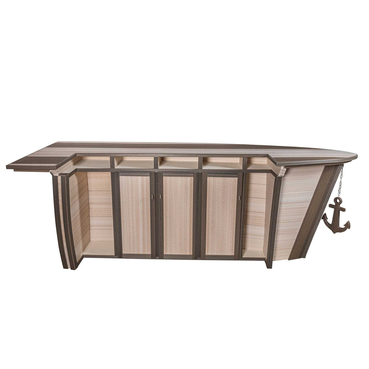Back view of the driftwood boat bar showing five cabinet doors, upper cubbies and end shelving