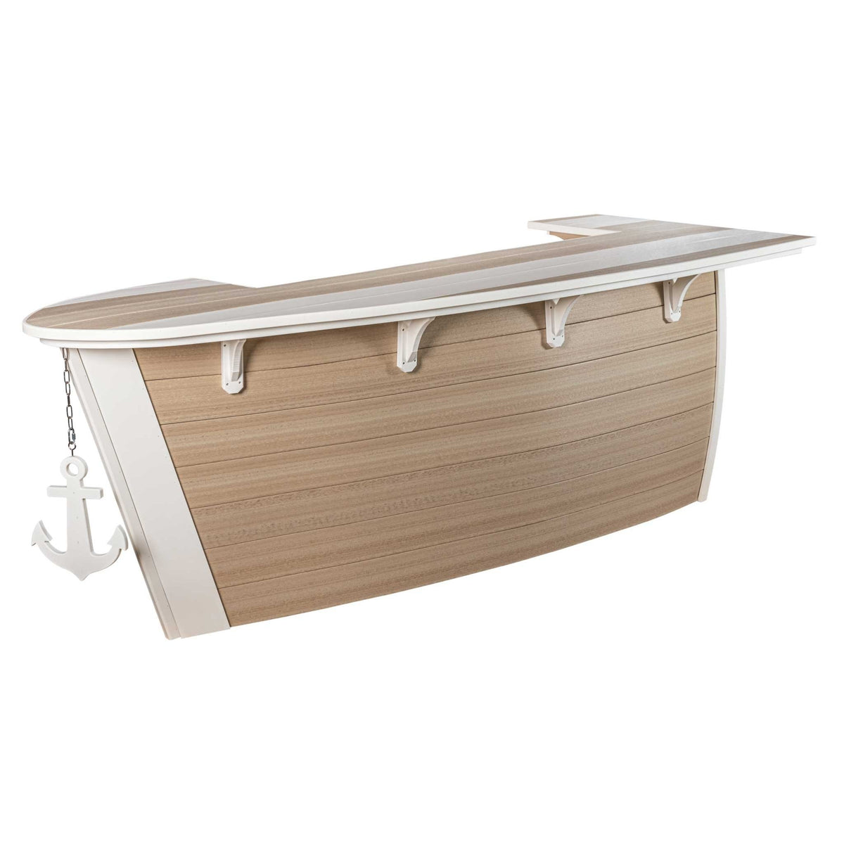 Beige and white boat shaped outdoor bar with white anchor on a chain and white corbels under the bar top
