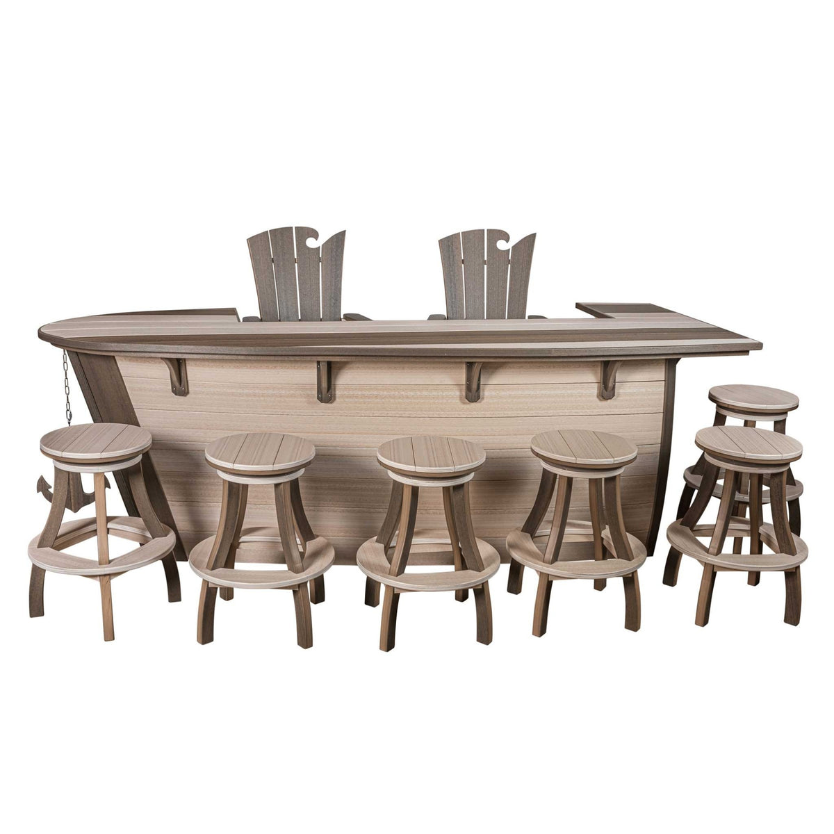 Driftwood boat shaped bar with eight round swivel stools lined up in front on a white background