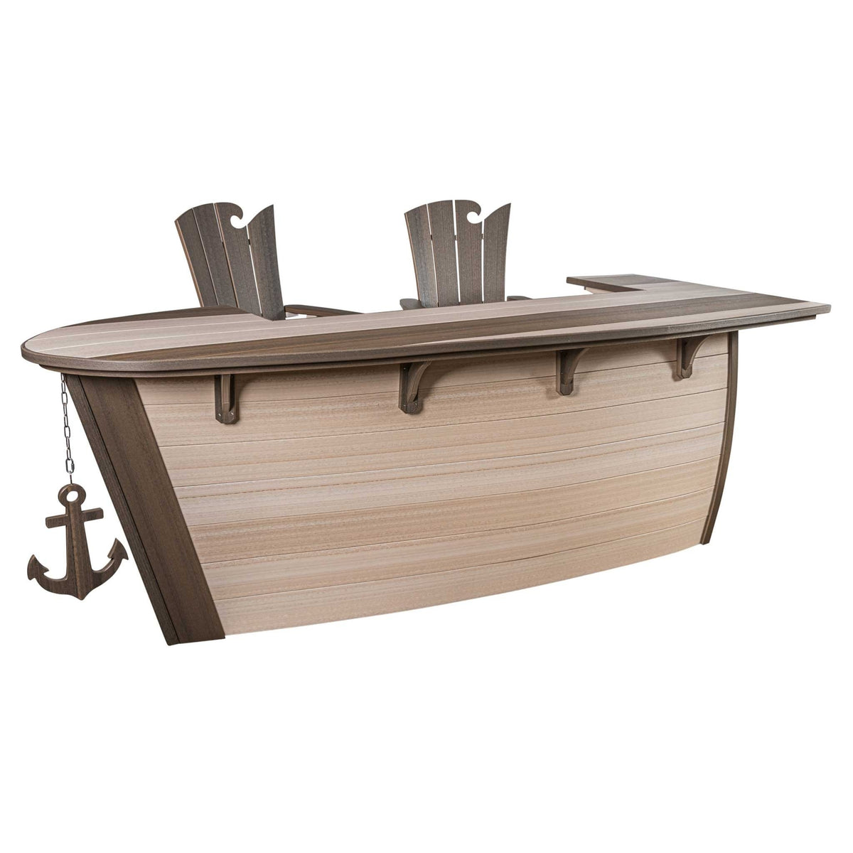 Boat shaped poly bar with two matching high back captain chairs behind it and an anchor on a chain