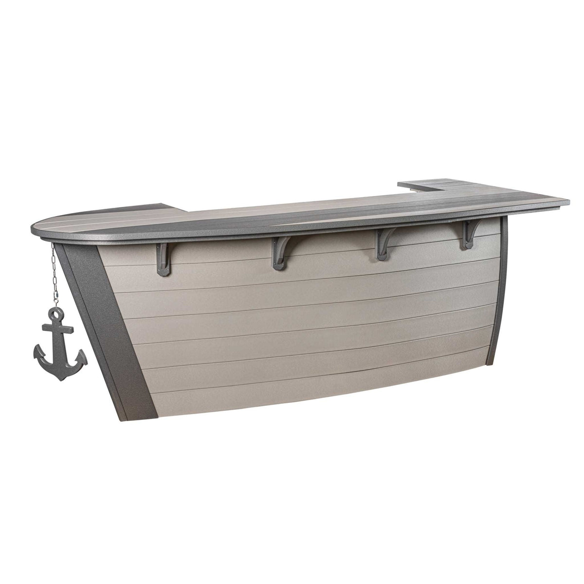 Two tone gray boat shaped poly bar with dark gray top rail, hanging anchor and side serving ledge