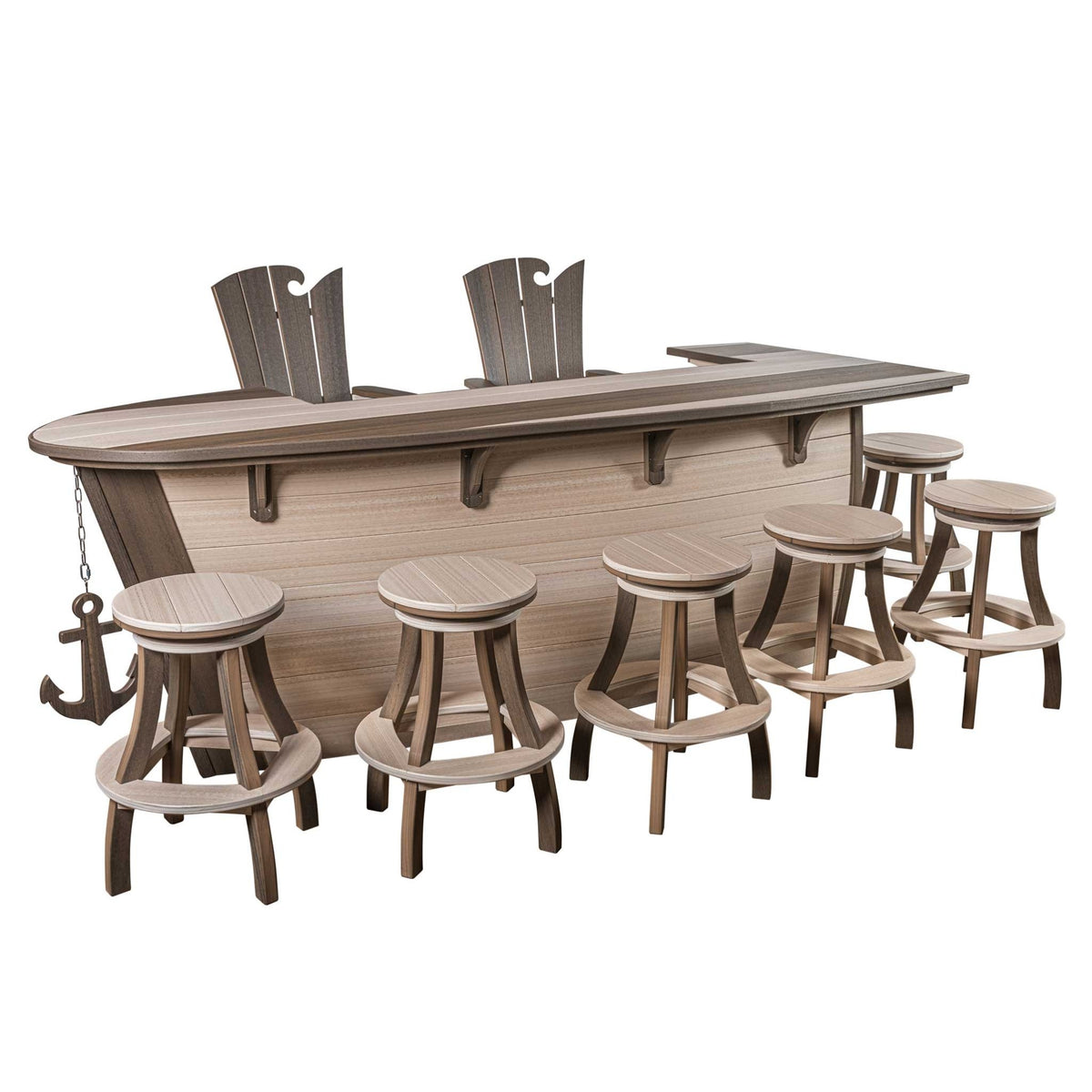 Angled view of the boat bar island with six round poly stools and two tall captain chairs