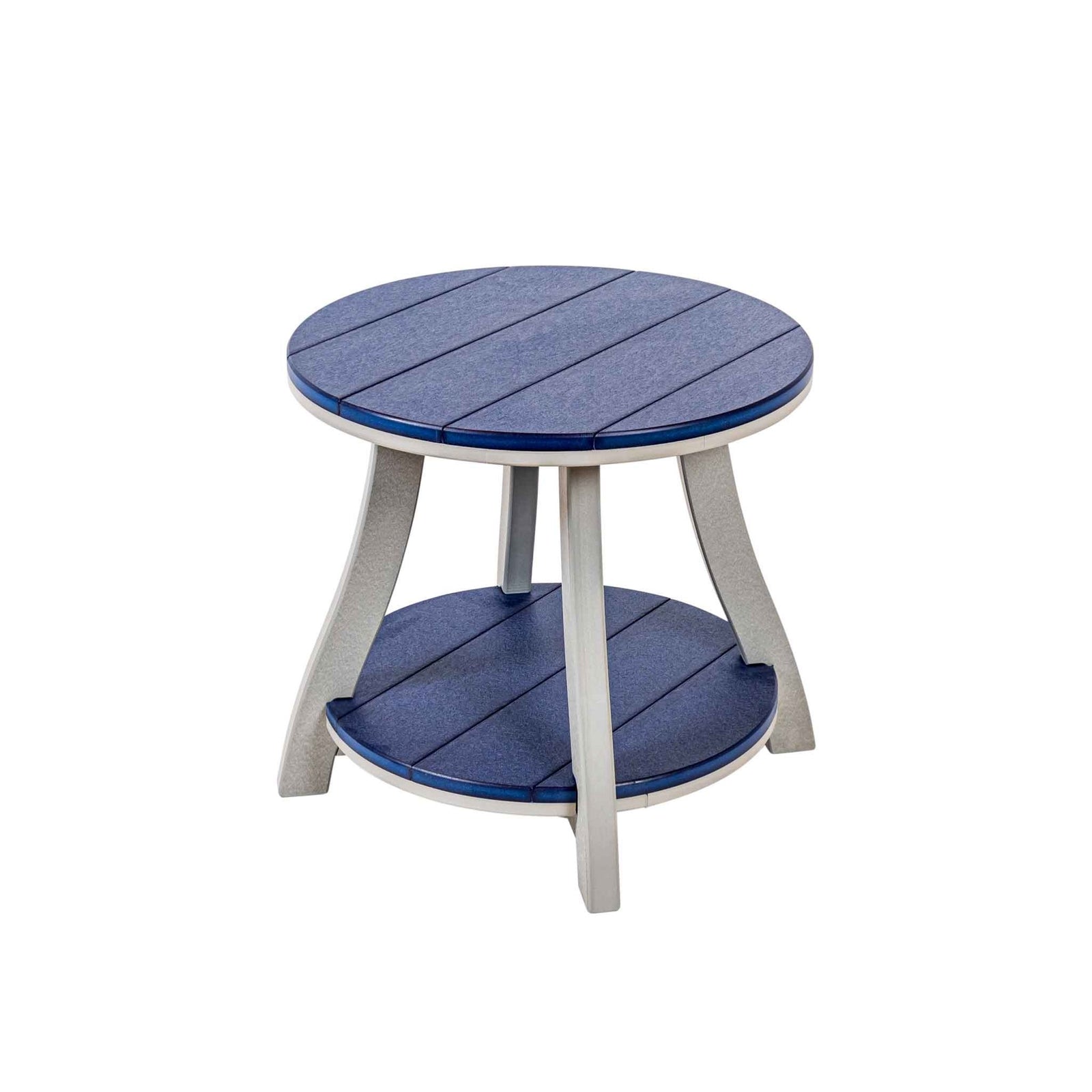 Round two tier patio end table with blue slat top, light gray flared legs and lower shelf