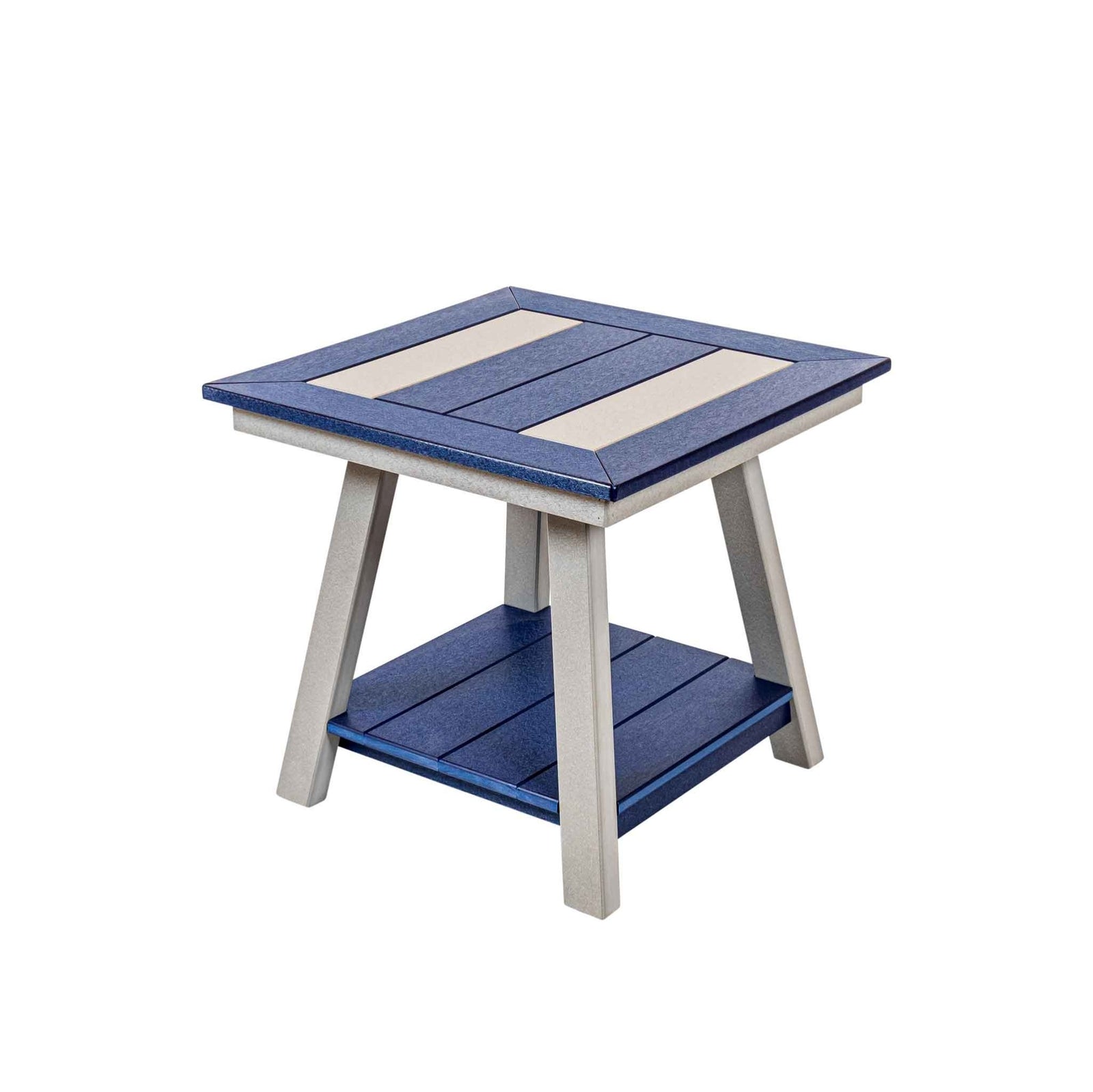 Square poly end table with cedar and black striped top and lower shelf between two patio chairs
