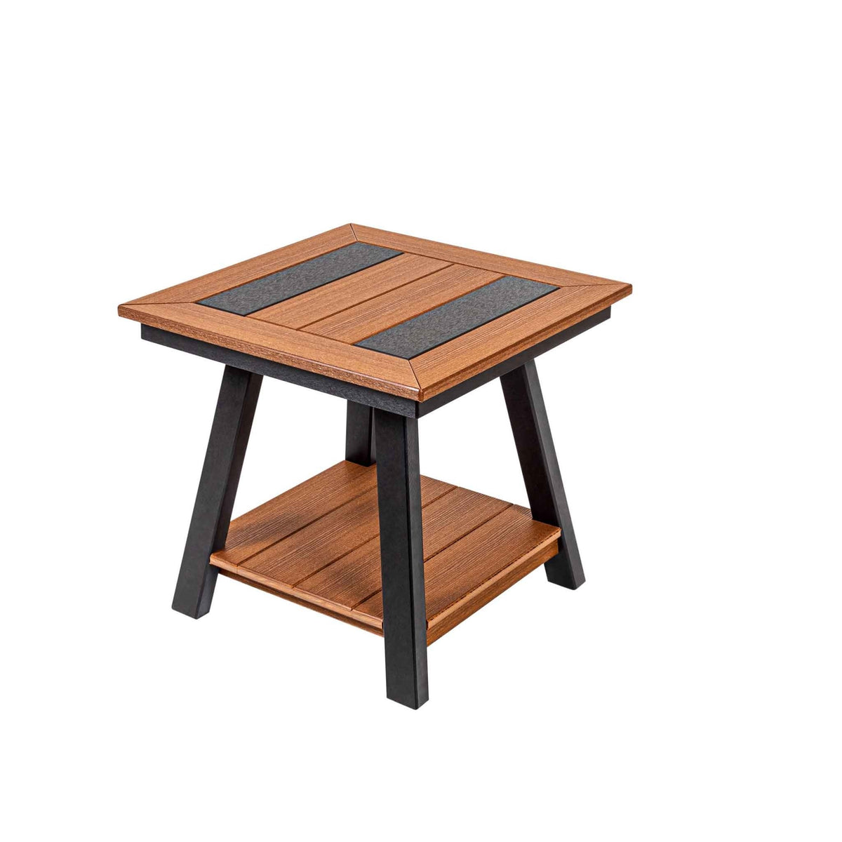 Cedar brown and black square poly end table with striped inlay top and slatted bottom shelf