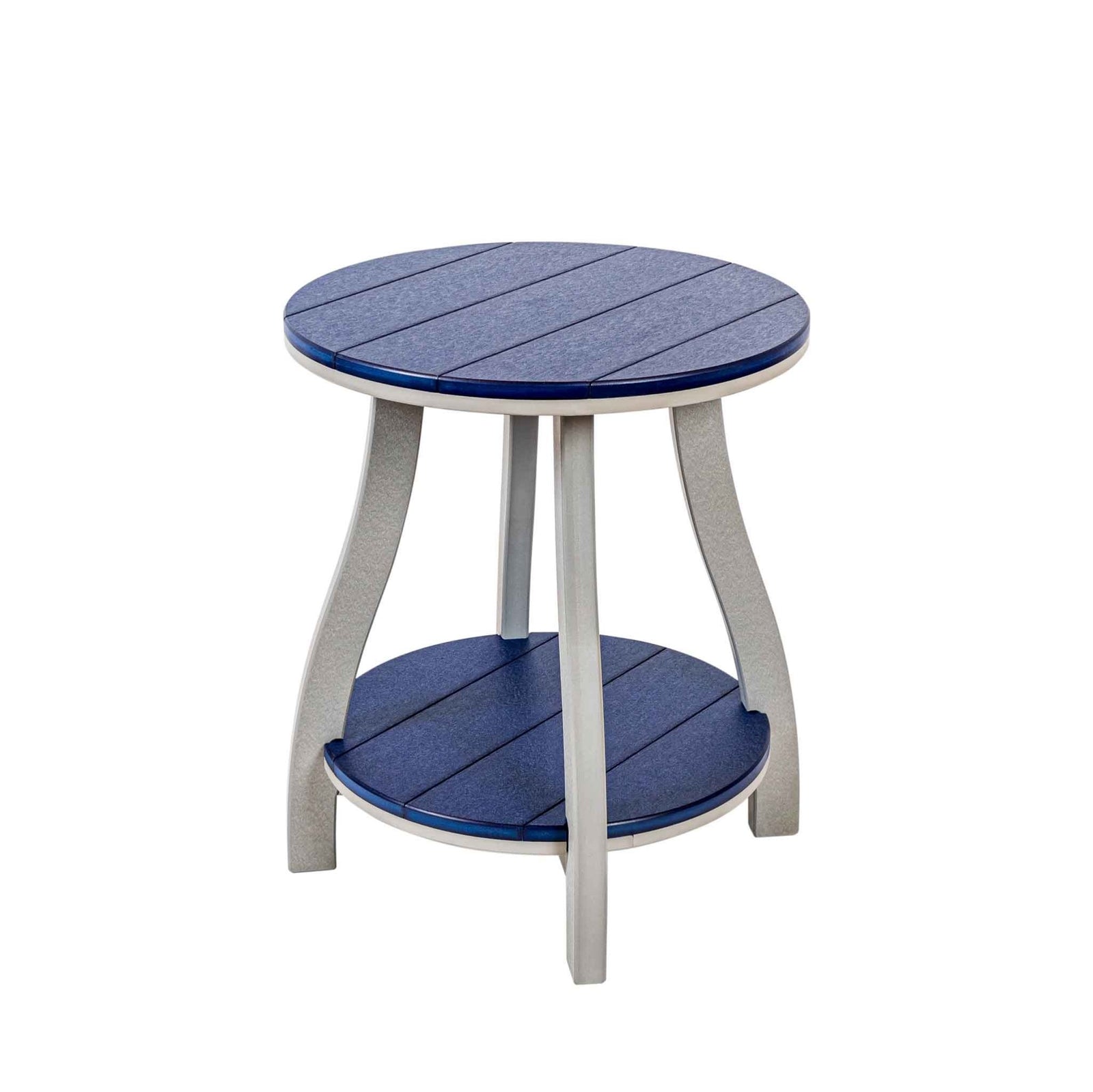 Taller round poly end table with navy slat top, gray curved legs and round blue lower shelf