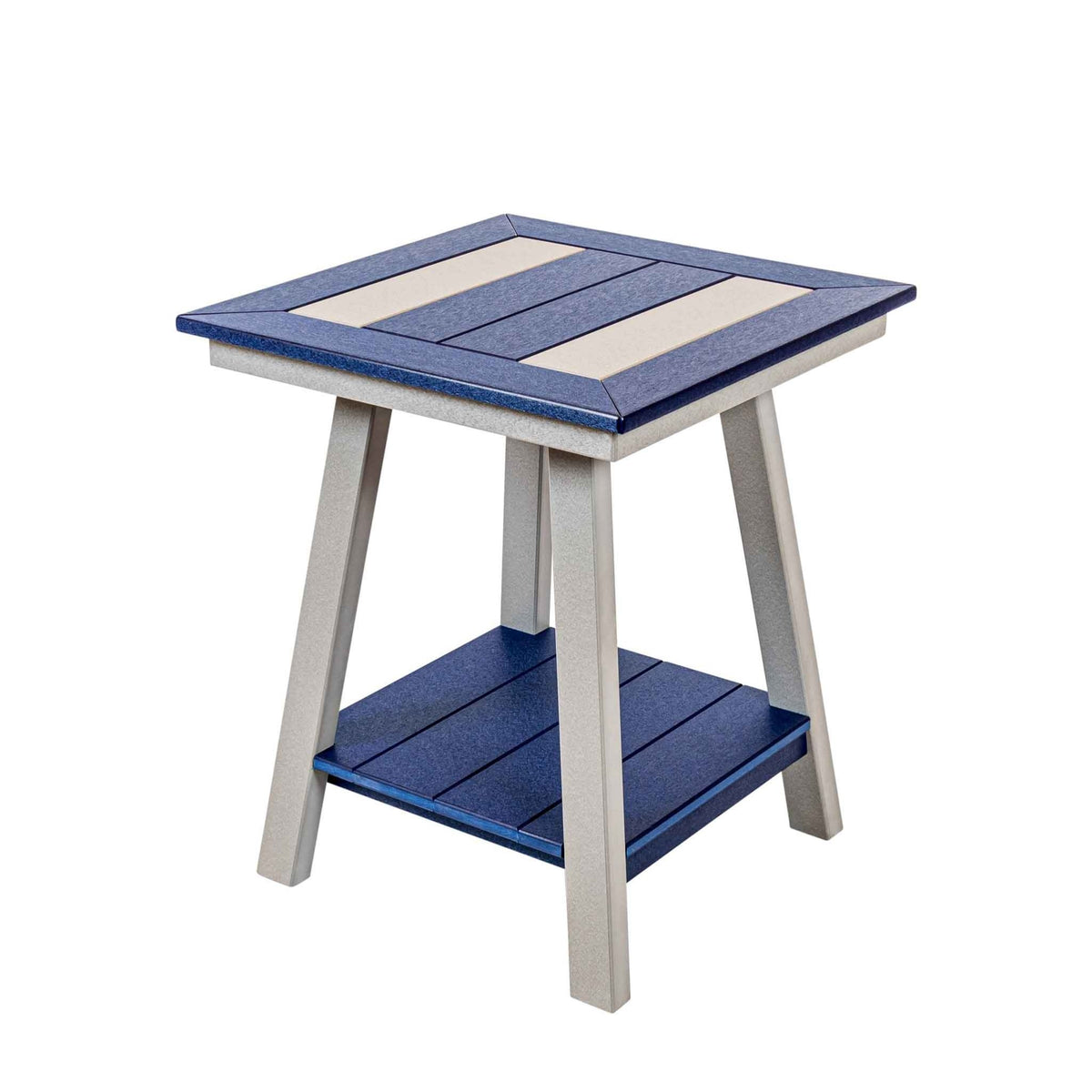 Square navy and gray poly end table with striped top, angled legs and slatted storage shelf