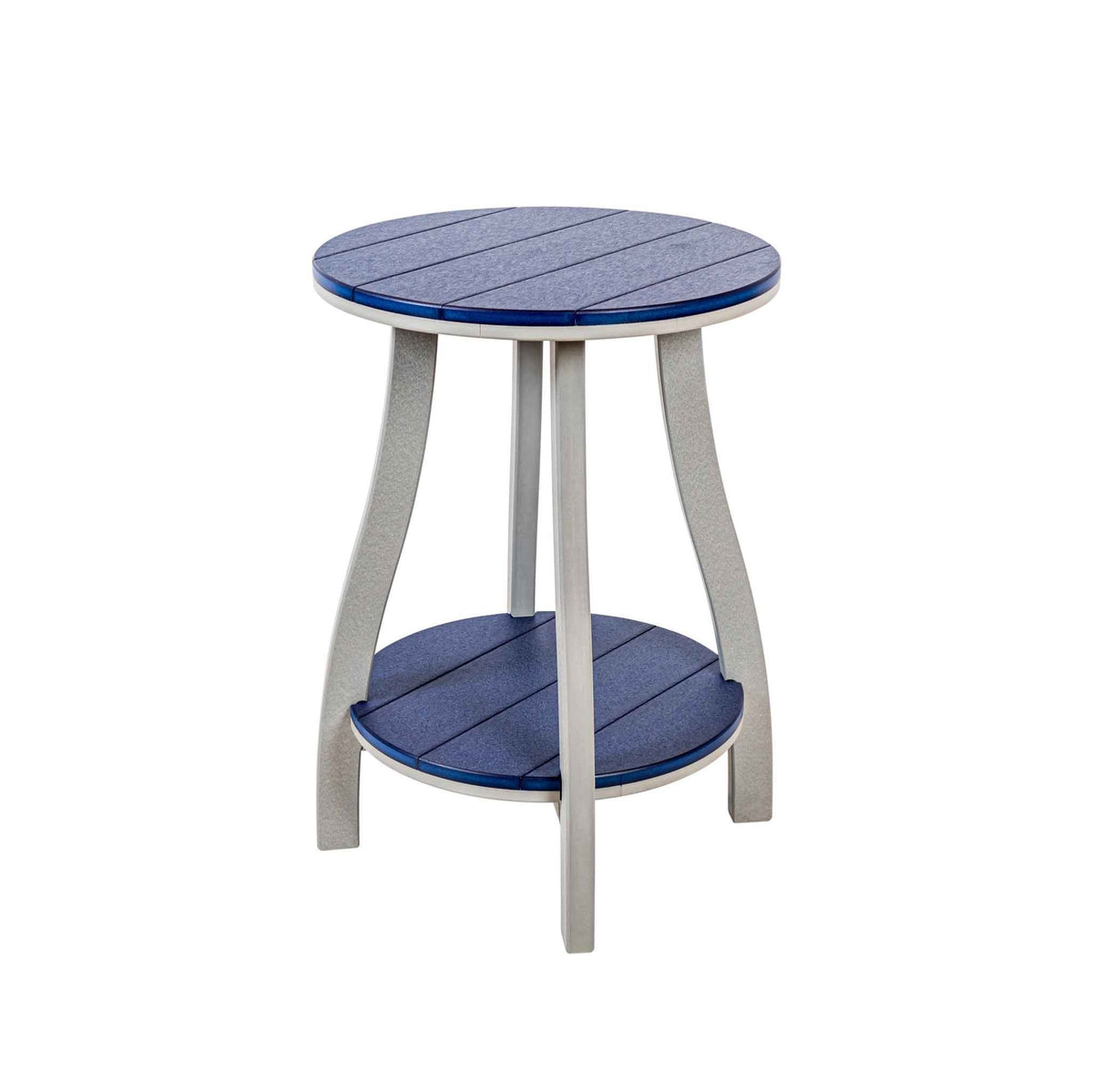 Tall round poly side table with blue plank top, light gray splayed legs and round blue shelf below