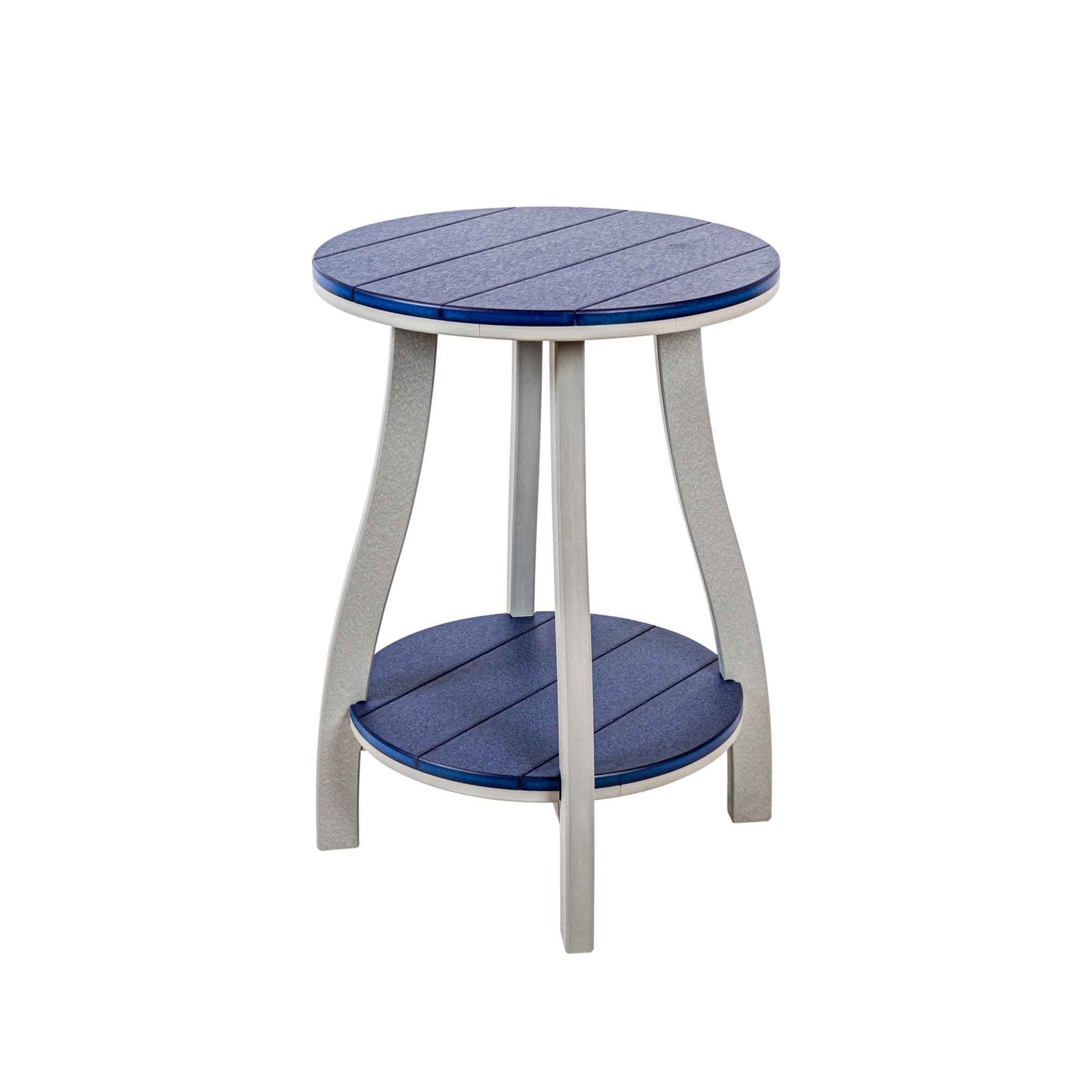 Tall round poly side table with blue plank top, light gray splayed legs and round blue shelf below