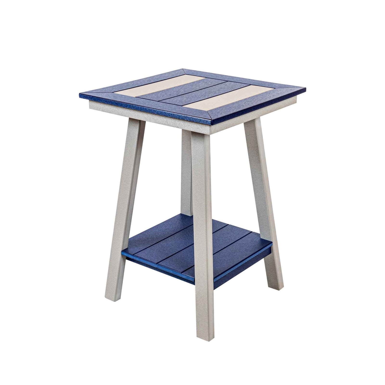 Navy and light gray square poly end table with striped top, tall angled legs and slat lower shelf
