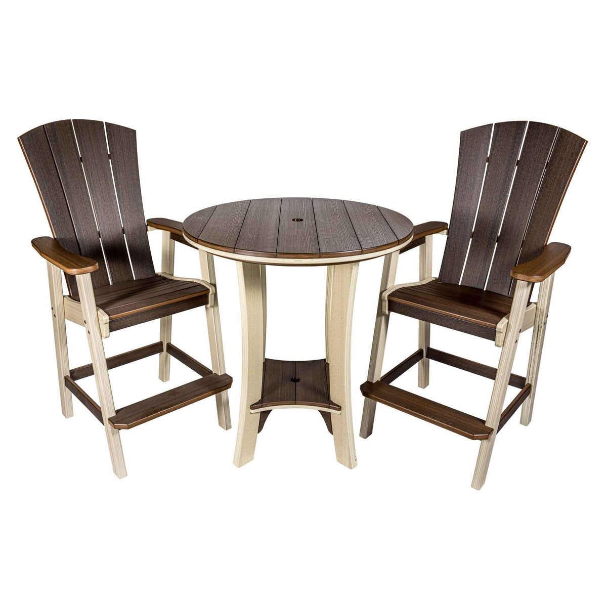 Brown and cream round bar table with two tall fanback bar chairs with wood tone arms