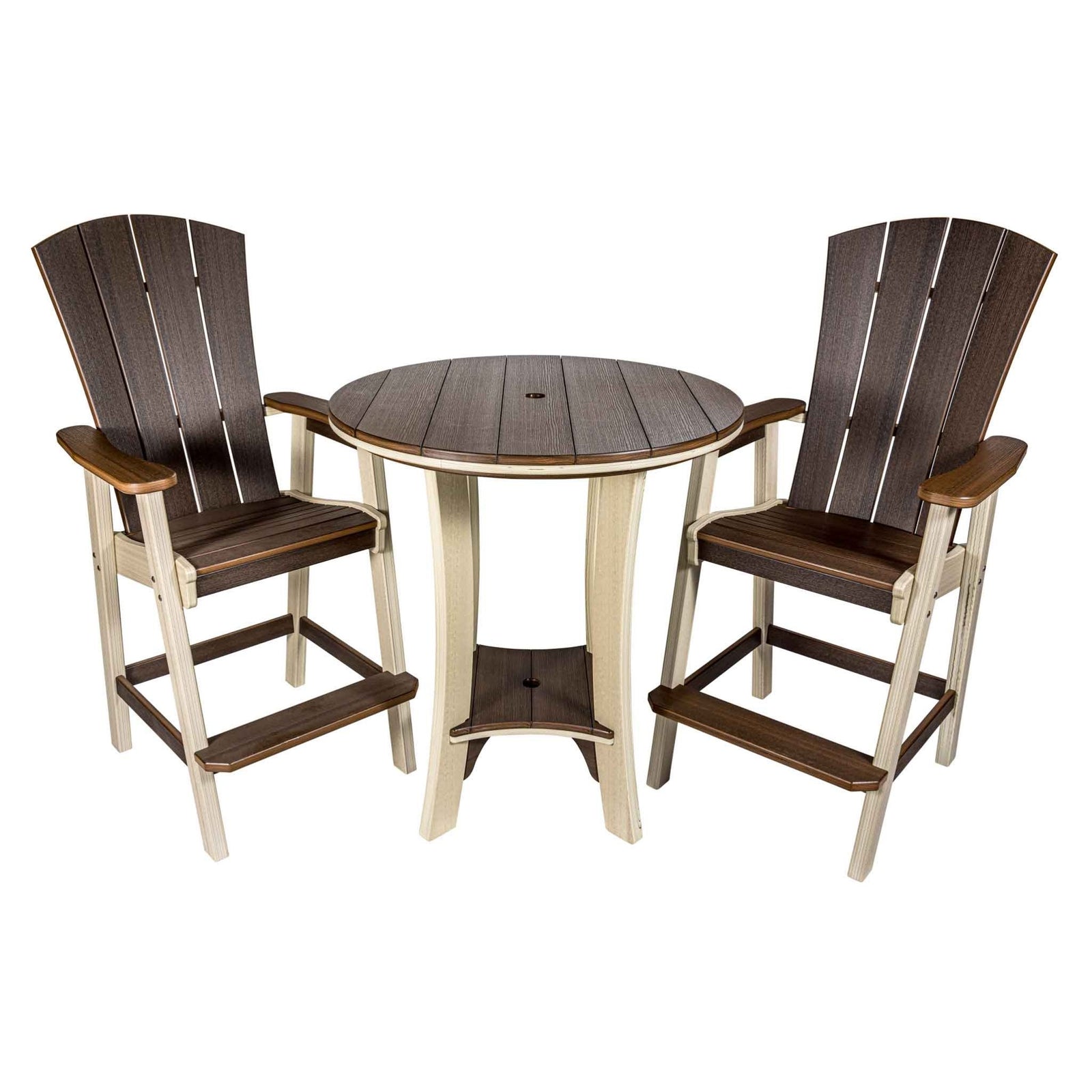 Round poly bar table with dark brown plank top, umbrella hole, cream curved legs and lower shelf