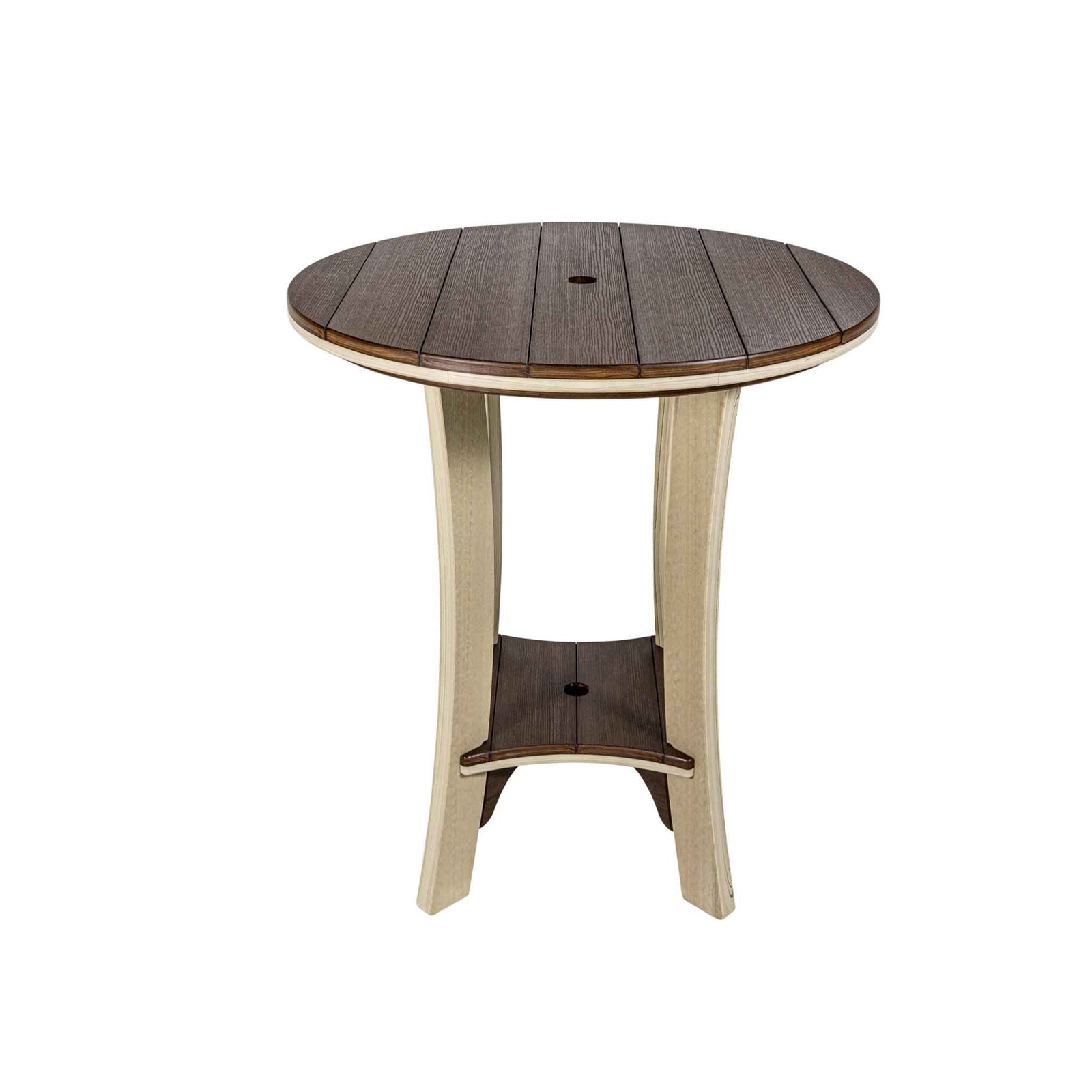 Round poly bar table with dark brown plank top, umbrella hole, cream curved legs and lower shelf