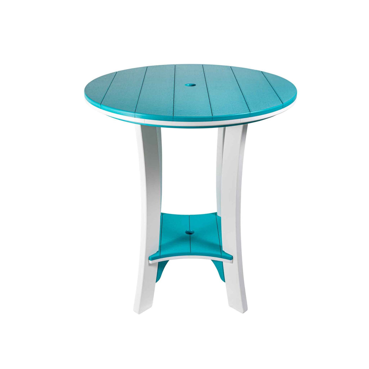 Aruba blue and white round poly bar table with umbrella hole and blue pedestal shelf