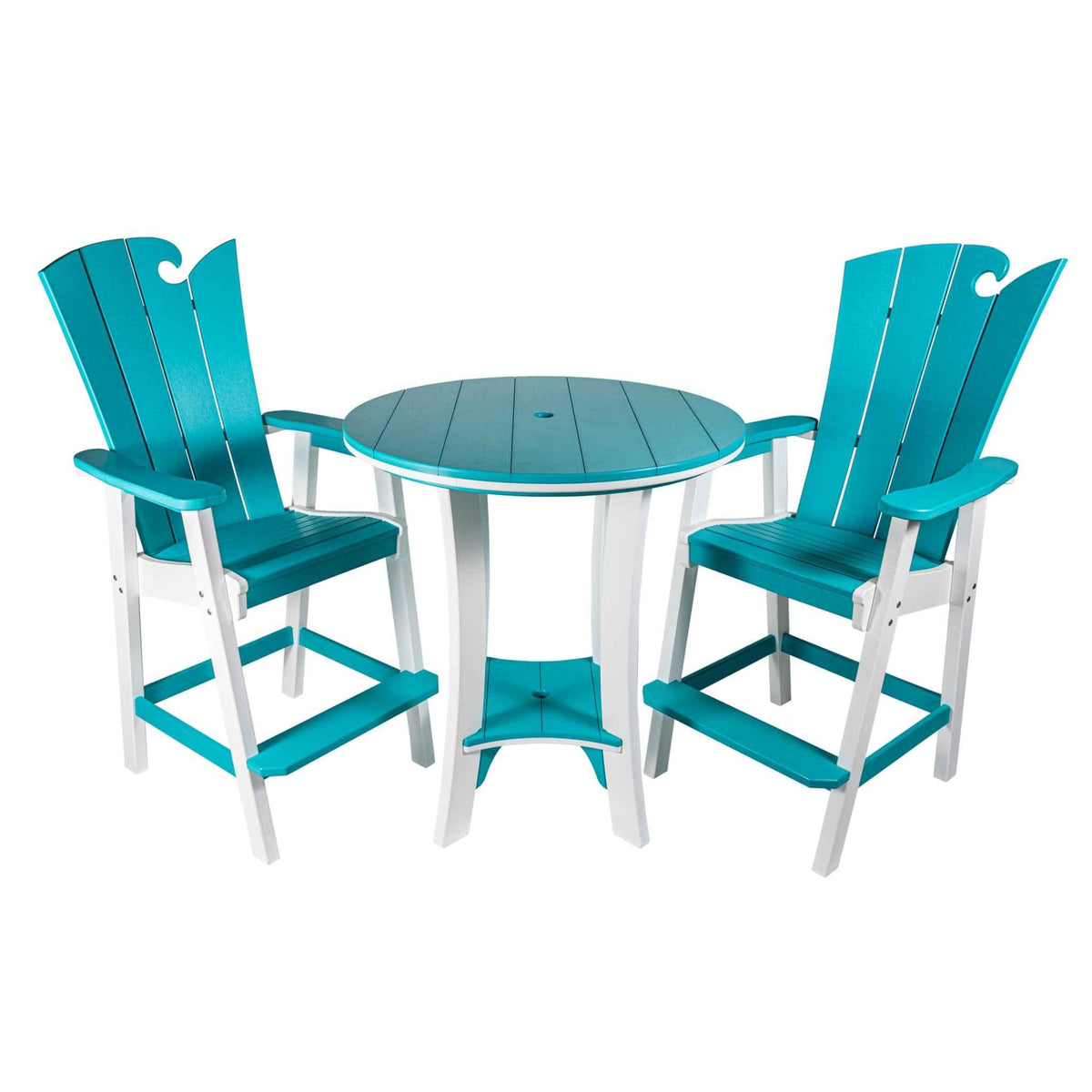 Turquoise and white round bar table with two tall wave back poly bar chairs and footrests
