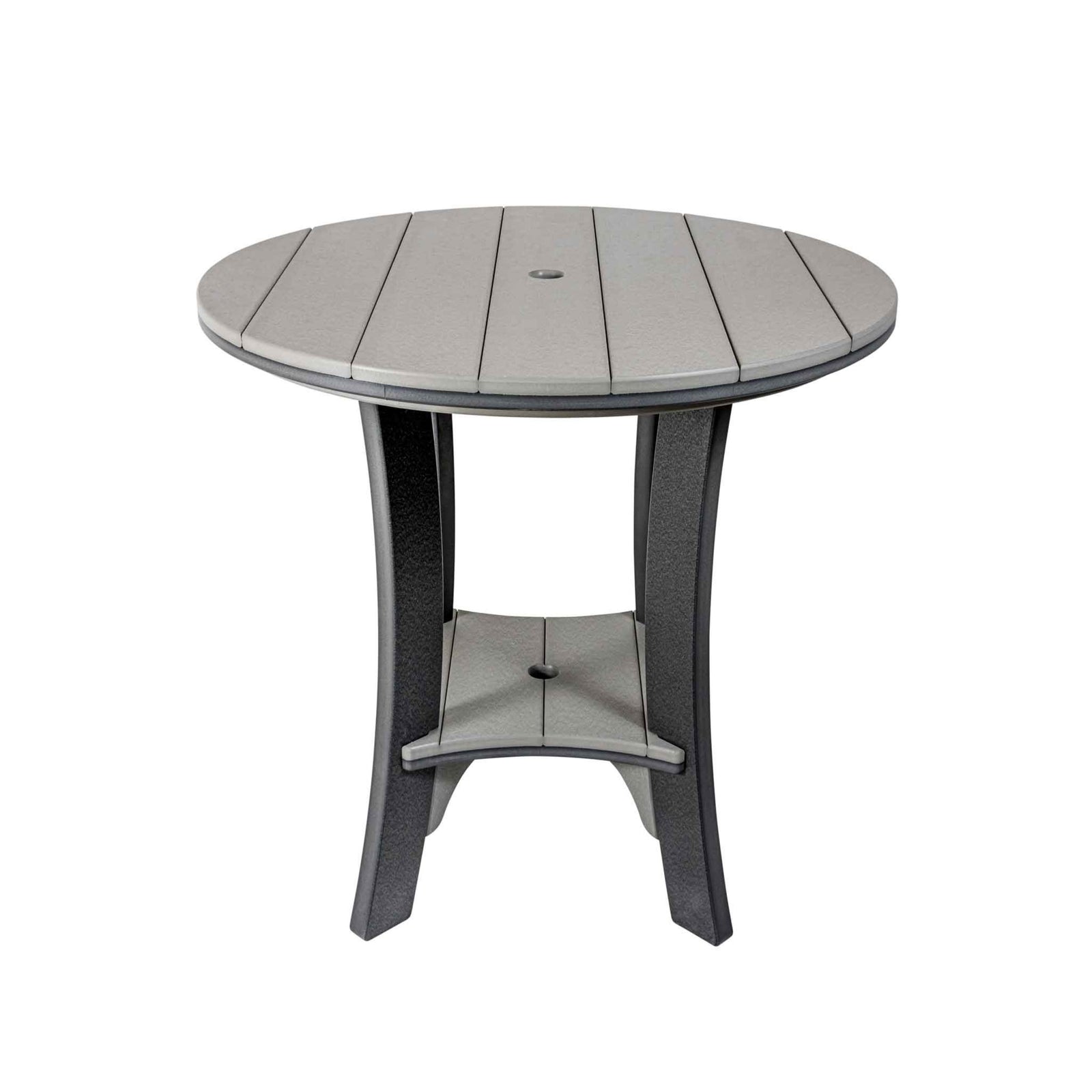 Light gray and black round poly counter table with umbrella hole, curved legs and center shelf