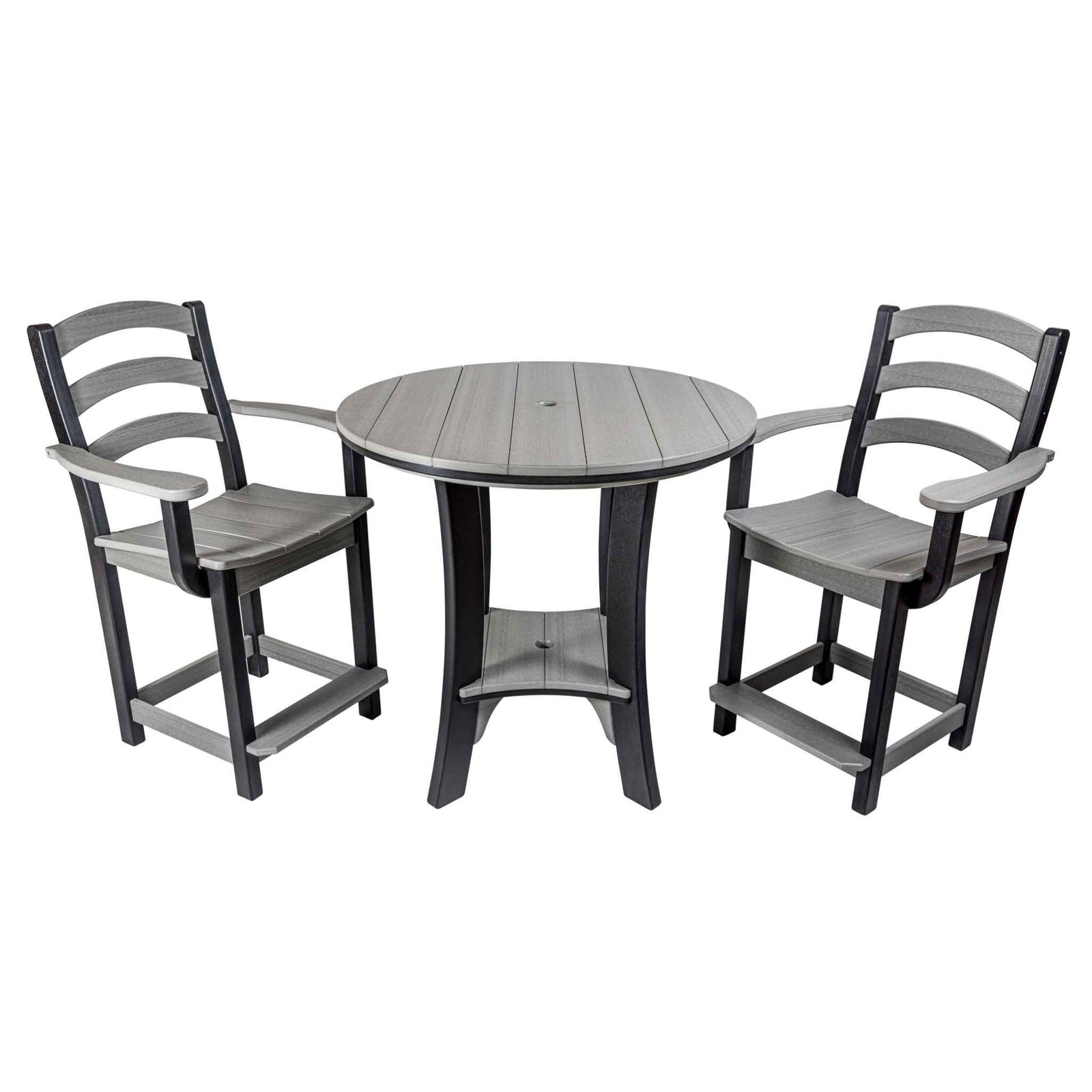 Light gray and black round poly counter table with umbrella hole, curved legs and center shelf