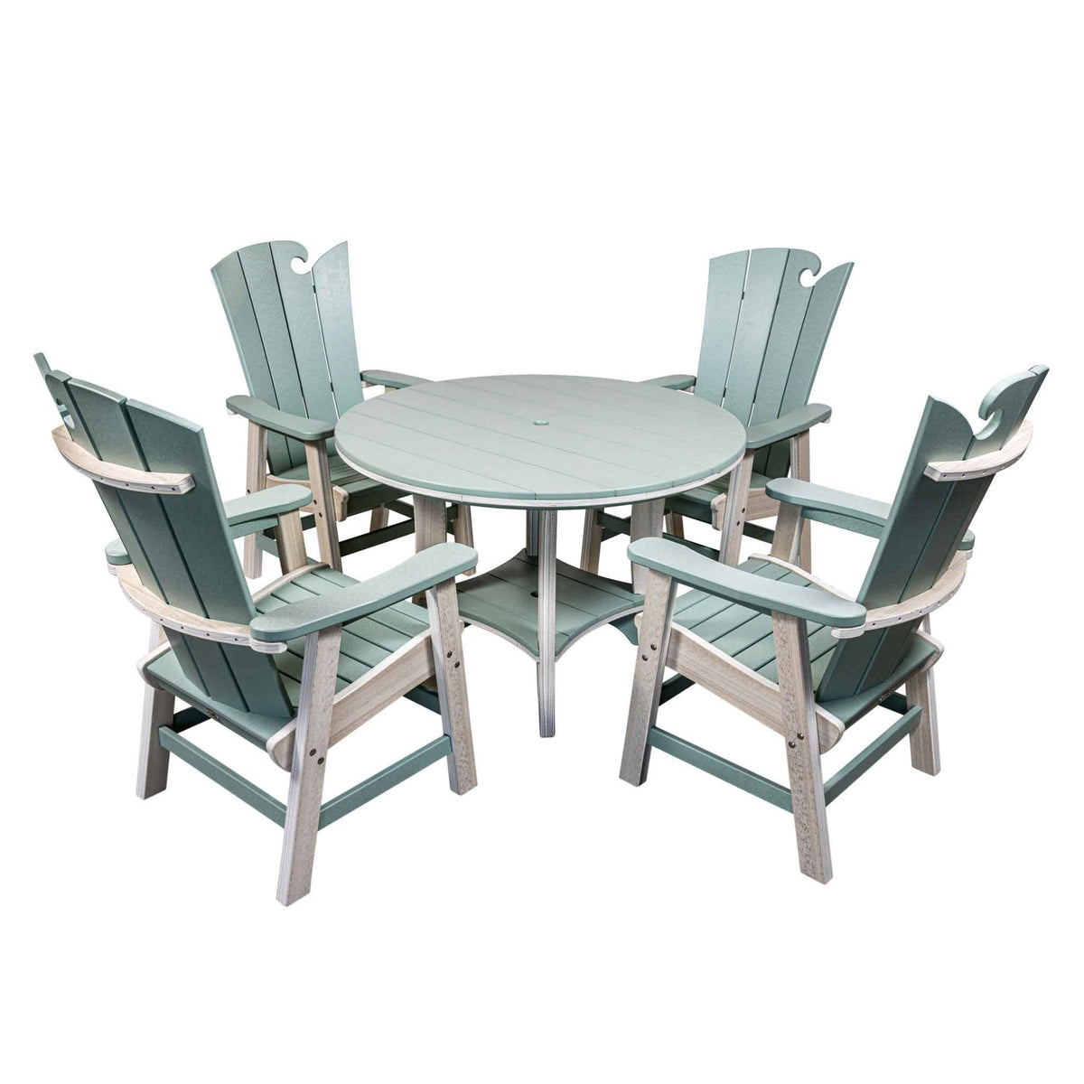 Round sea green poly dining table with four wave back arm chairs on a white background