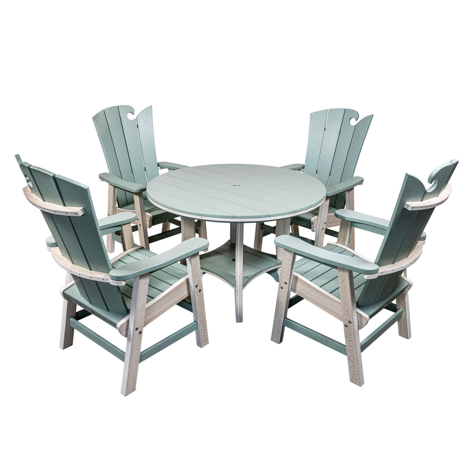 Sea green and driftwood round poly dining table with umbrella hole and lower pedestal shelf