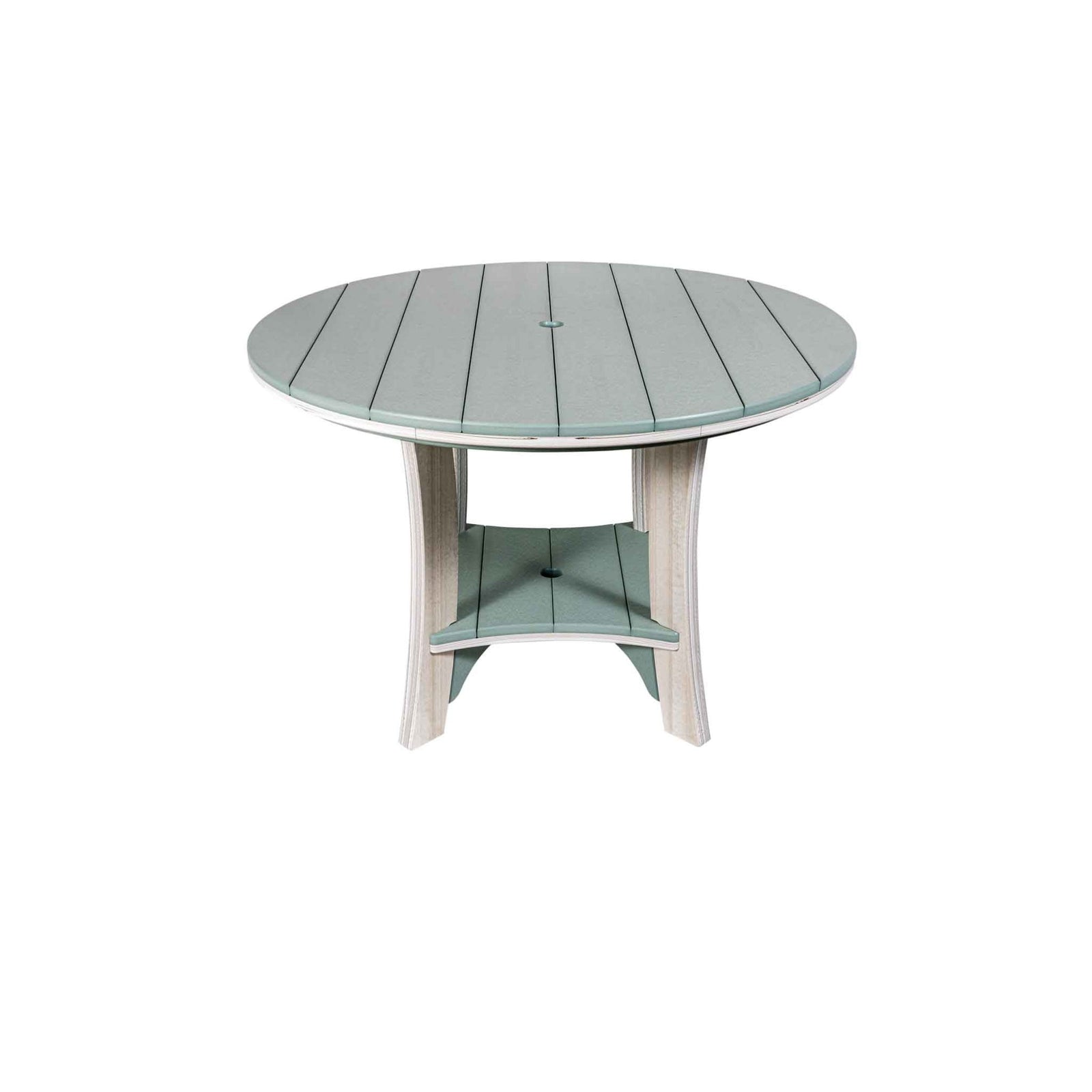 Sea green and driftwood round poly dining table with umbrella hole and lower pedestal shelf