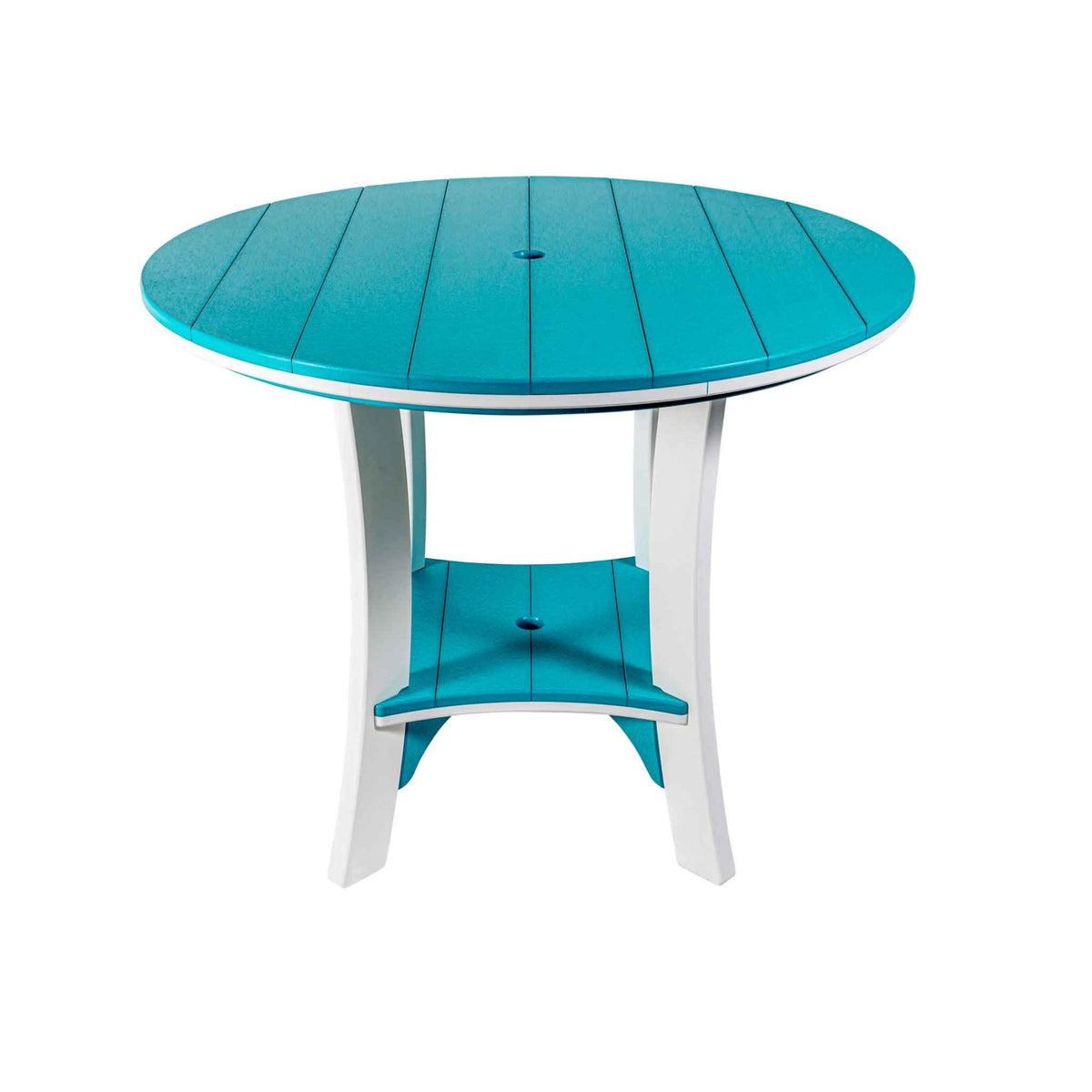 Aruba blue and white round poly bar table with umbrella hole, flared white legs and blue shelf
