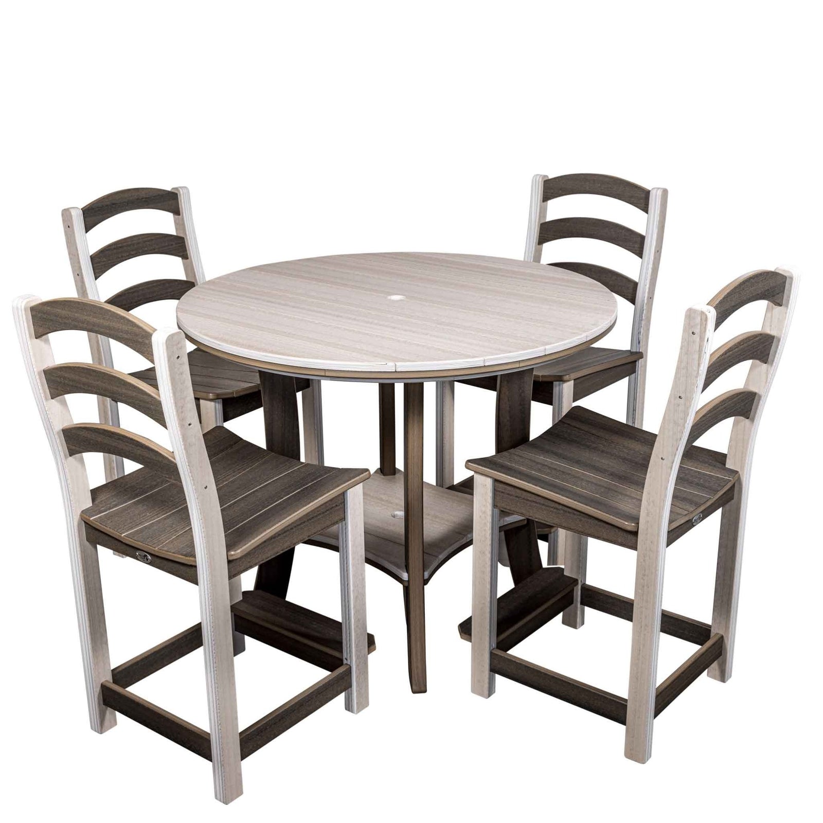 Round counter height poly table with light driftwood top, umbrella hole, brown curved legs and shelf