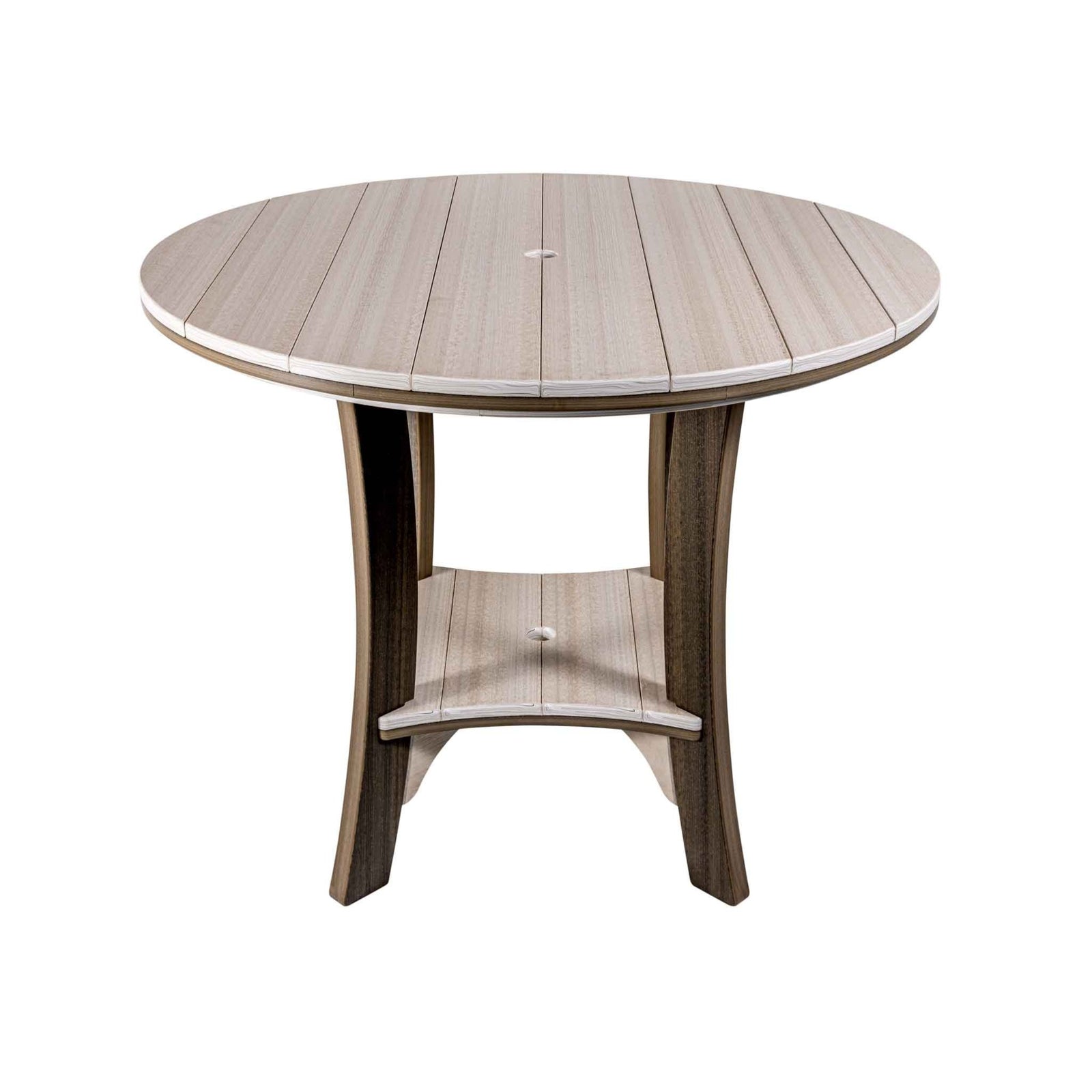 Round counter height poly table with light driftwood top, umbrella hole, brown curved legs and shelf