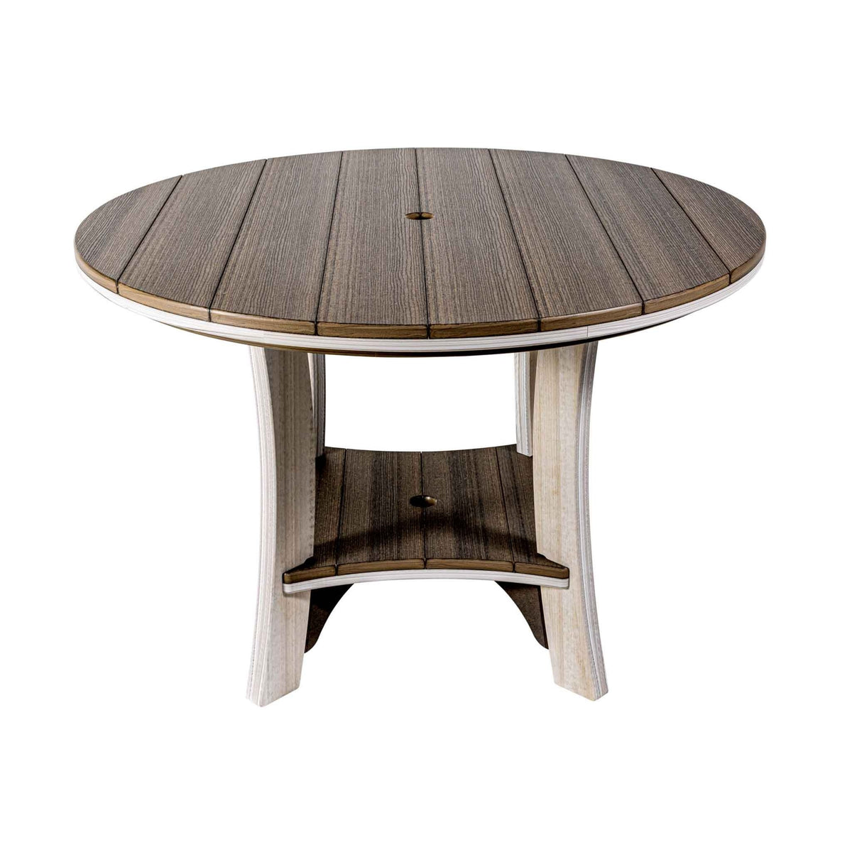 Round poly dining table with dark driftwood plank top, umbrella hole and whitewashed curved legs