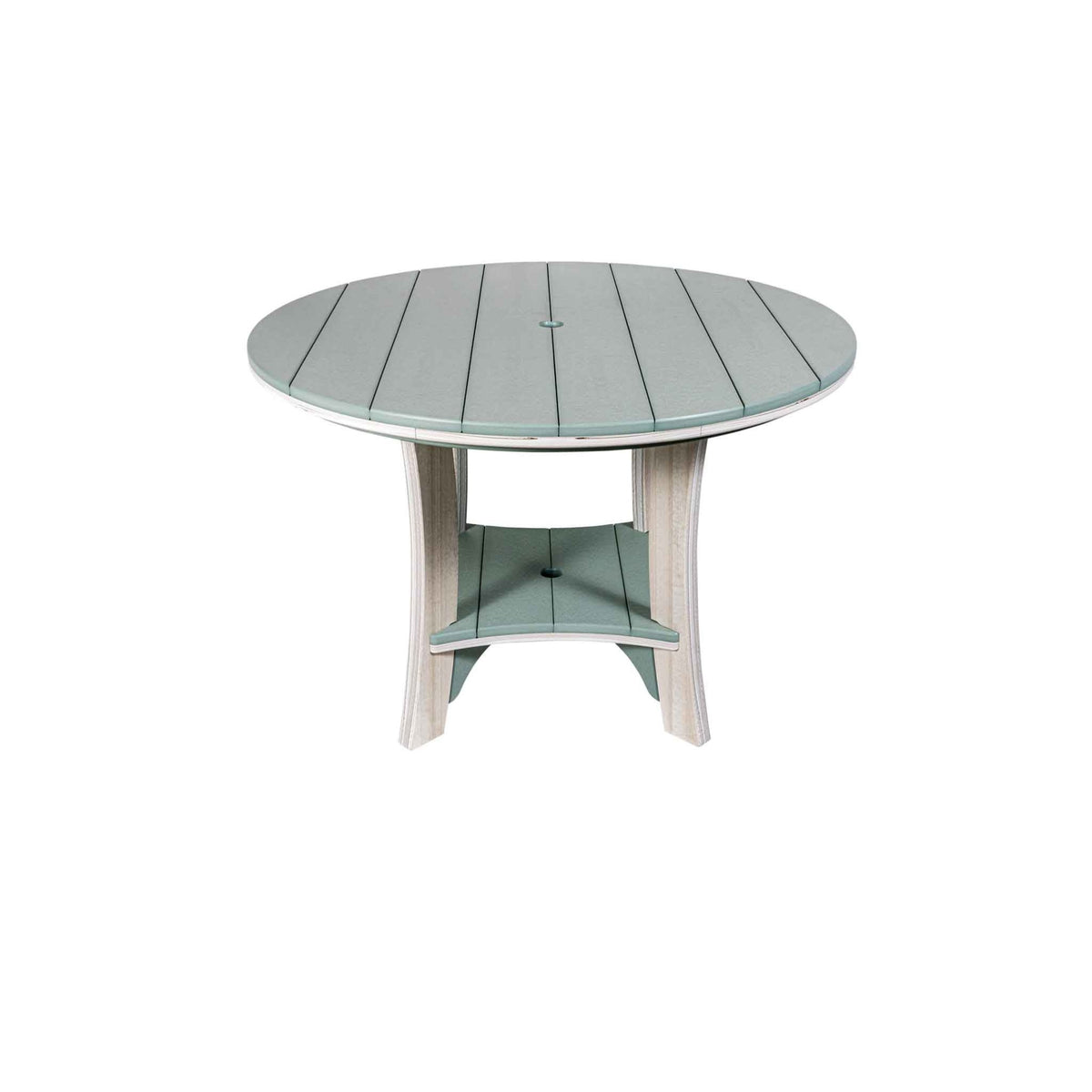 Sea green and driftwood round poly dining table with umbrella hole and center shelf