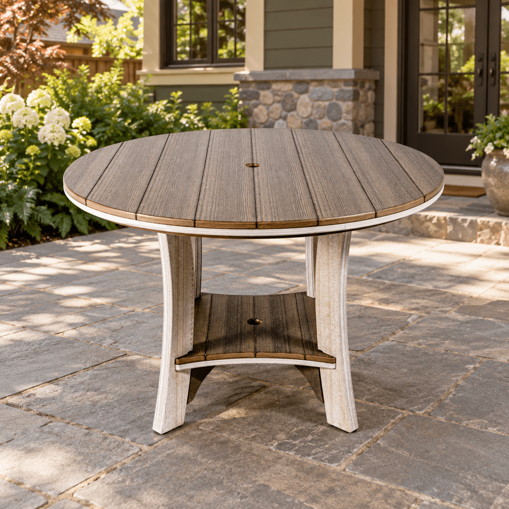 Amish Poly Patio 43" Cape May Round Dining Table shown in the back patio of a craftsman bungalow home