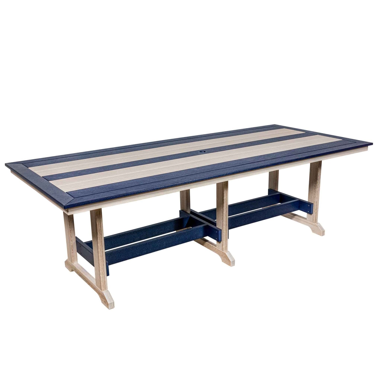 Long rectangular poly patio dining table with navy and driftwood striped top and trestle base