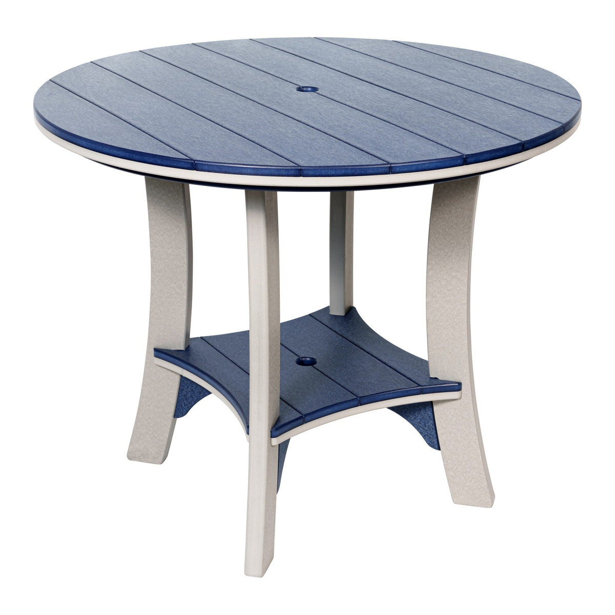 Cape May round poly table shown in the 43 inch size; this listing is the 48 inch counter height table