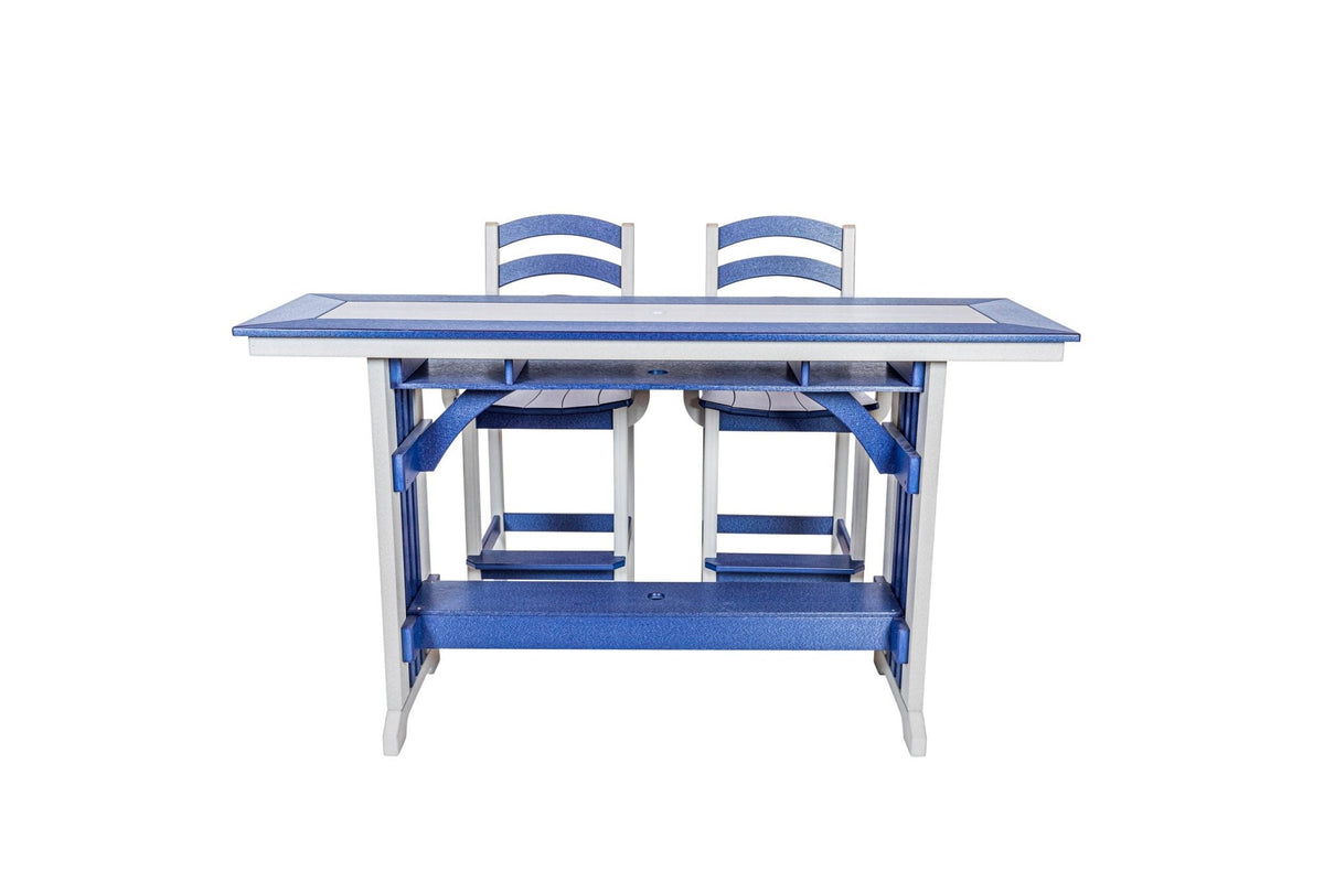72 inch Mission rail bar table with two Long Beach bar chairs, light gray and patriot blue (chairs sold separately)