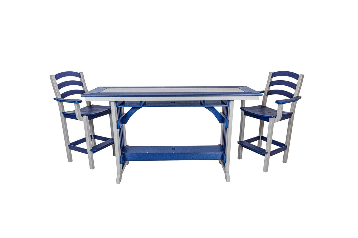 72 inch Mission rail bar table with bar chairs, light gray and patriot blue, angled view (chairs sold separately)