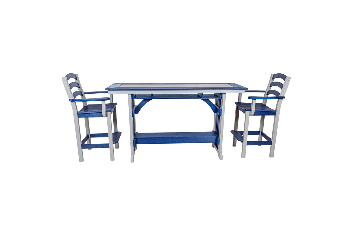 72 inch Mission rail bar table with bar chairs, light gray and patriot blue, front view (chairs sold separately)