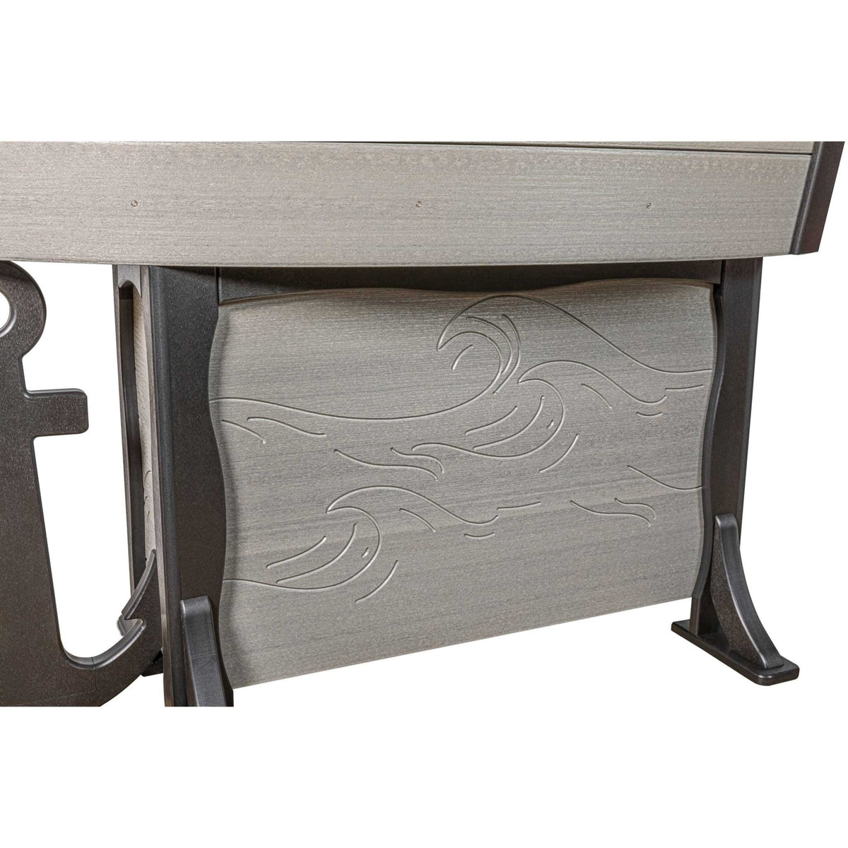 Close-up of the gray poly boat bar table base showing the etched wave panel, black curved legs and anchor accent