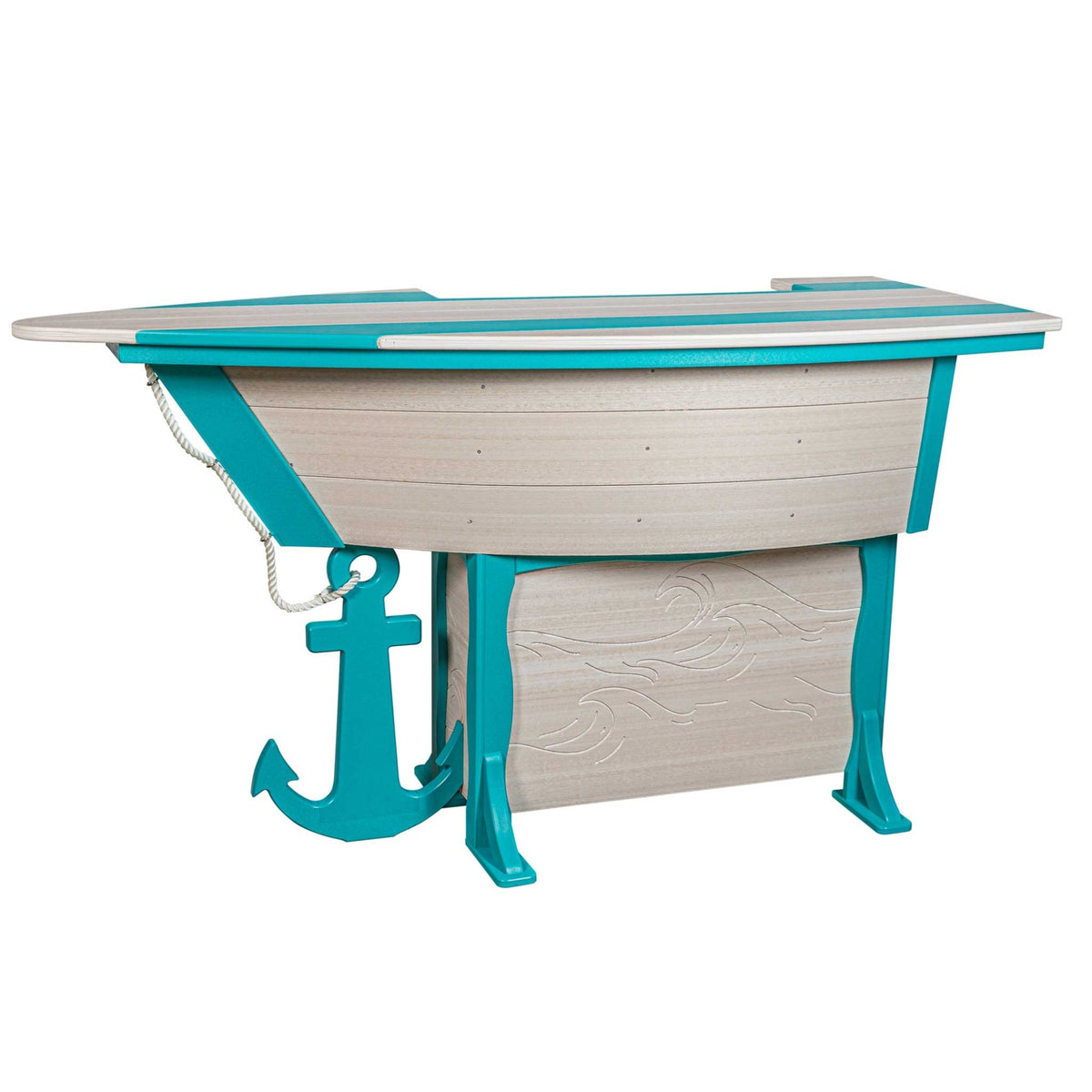 Weatherwood boat shaped patio bar table with teal trim, aqua anchor, rope railing and wave etched base panel
