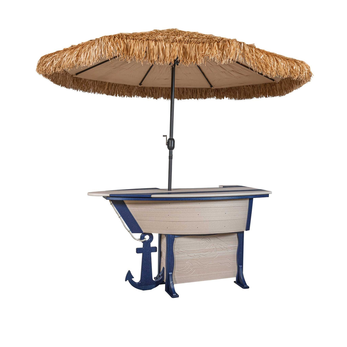 Nautical boat bar table in driftwood and navy with a large tiki style thatched umbrella opened overhead