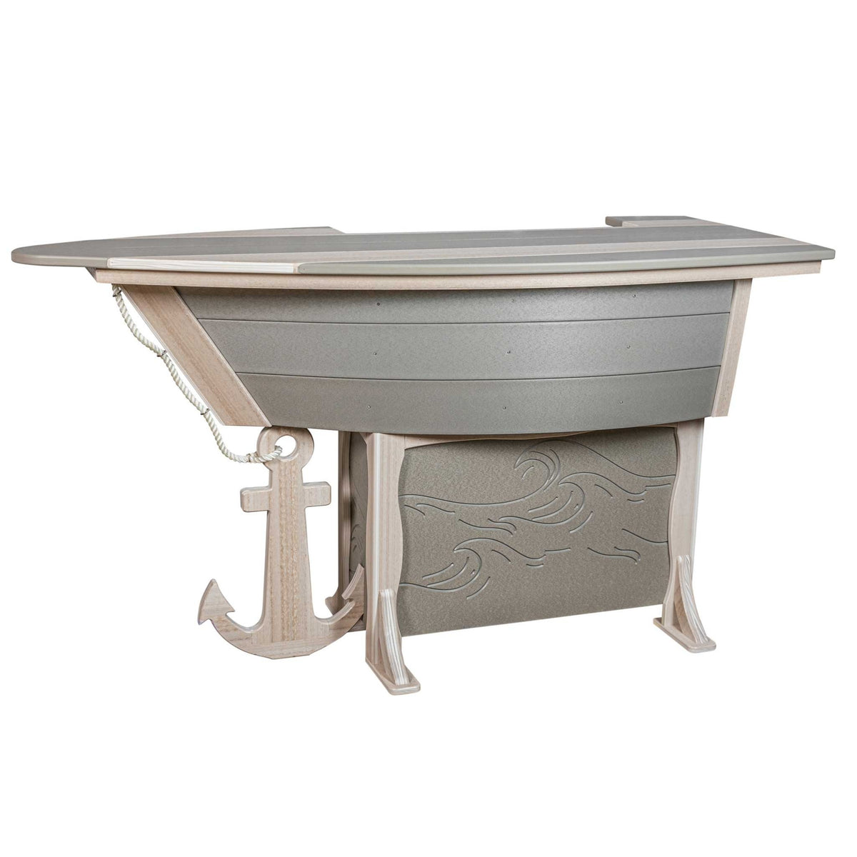 Gray and weatherwood poly boat bar table with carved wave panel, rope detail and light anchor shaped leg accent