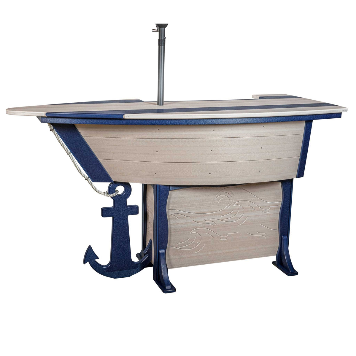 Navy trimmed weatherwood boat bar table with umbrella pole in place, anchor accent, rope railing and wave carved panel