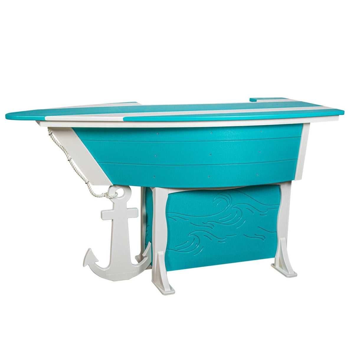 Turquoise and white nautical boat bar table with carved wave panel, rope railing and an anchor shaped side accent